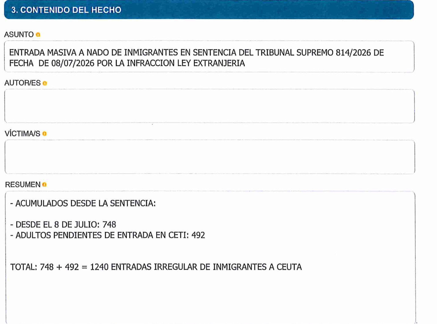 Asunto y resumen: 748 entradas y 492 adultos pendientes de entrada en el CETI; total 1.240.